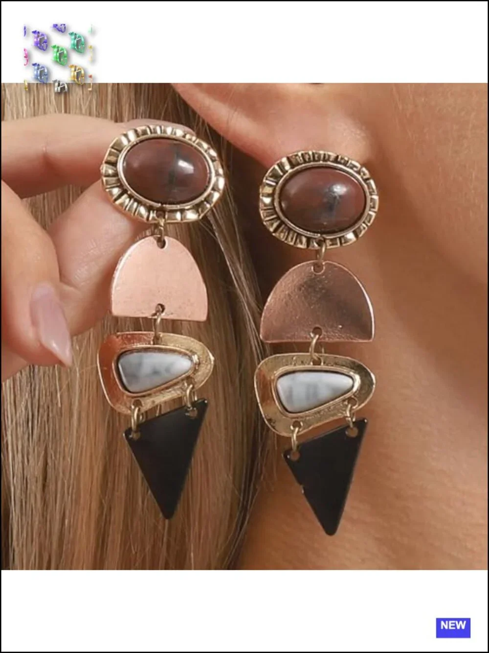 Vintage Boho Statement Dangle Earrings Antique Gold Bronze Resin Drop Earrings